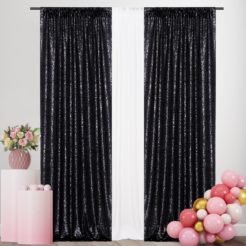 SquarePie Sequin Backdrop 2FT x 8FT 2pcs Black Background Sparkly Curtain for Halloween Party - Image 1